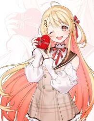 Rule 34 | 1girl, :d, ahoge, blonde hair, box, brown dress, clothing cutout, commentary request, double-parted bangs, dress, fortissimo, frilled dress, frills, hair between eyes, hair ornament, hair ribbon, heart-shaped box, highres, holding, holding box, hololive, hololive dev is, jacket, long hair, long sleeves, musical note, musical note hair ornament, neck ribbon, one eye closed, open mouth, otonose kanade, plaid, plaid dress, puffy long sleeves, puffy sleeves, red eyes, red ribbon, ribbon, shoulder cutout, simple background, smile, solo, teeth, upper teeth only, virtual youtuber, white background, white jacket, zeroperpect
