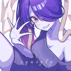 Rule 34 | 1girl, alternate costume, blue hair, blue skin, blush, character name, chromatic aberration, collarbone, colored skin, hair over one eye, hand up, kurakuwakurai, leviathan (skullgirls), looking at viewer, off shoulder, red eyes, shirt, skullgirls, smile, solo, squigly (skullgirls), stitched mouth, stitches, t-shirt