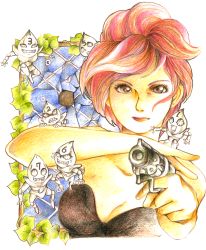 Rule 34 | 1girl, breasts, brown eyes, cleavage, gun, highres, holding, holding gun, holding weapon, jojo no kimyou na bouken, leaf, looking at viewer, medium breasts, pink hair, plant, sex pistols (stand), short hair, solo, stand (jojo), traditional media, trish una, upper body, vento aureo, vines, wakusei-gauguin, weapon