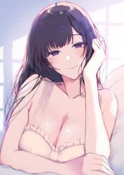 Rule 34 | 1girl, ane naru mono, black hair, breasts, chiyo (ane naru mono), cleavage, commentary request, futon, highres, large breasts, long hair, looking at viewer, mole, mole under eye, nightgown, pochi (pochi-goya), purple eyes, shadow, smile, solo, window