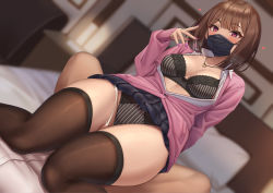 Rule 34 | 1boy, 1girl, absurdres, black bra, black panties, black skirt, blush, bra, breasts, brown thighhighs, cleavage, collarbone, collared shirt, cum, dress shirt, ejaculation, girl on top, grinding, hetero, highres, jacket, jewelry, large breasts, long sleeves, looking at viewer, mask, momo no sukebe, mouth mask, necklace, open clothes, open shirt, original, panties, penis, pink jacket, plaid, plaid skirt, pleated skirt, purple eyes, shirt, short hair, sitting, sitting on person, skirt, solo focus, thigh sex, thighhighs, underwear, white shirt