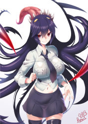 Rule 34 | 1girl, artist name, black hair, black necktie, black skirt, black thighhighs, breast pocket, butter-t, clenched hand, collared shirt, commentary, cowboy shot, eyes visible through hair, filia (skullgirls), hair between eyes, impossible clothes, impossible shirt, living hair, long hair, long sleeves, looking at viewer, midriff, navel, necktie, pocket, prehensile hair, red eyes, see-through silhouette, shirt, simple background, skindentation, skirt, skullgirls, smile, solo, teeth, thighhighs, tongue, v-shaped eyebrows, very long hair, white background, white shirt, wing collar, zettai ryouiki