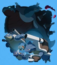 Rule 34 | blastoise, blue background, blue skin, cannon, claws, colored skin, creatures (company), evolutionary line, game freak, gen 1 pokemon, gigantamax, gigantamax blastoise, highres, kasai (pixiv24704749), mega blastoise, mega pokemon, nintendo, pokemon, pokemon (creature), red eyes, shell, shoulder cannon, simple background, squirtle, tail, wartortle