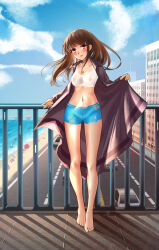 Rule 34 | 1girl, absurdres, barefoot, beach, blue shorts, blush, bodypaint, bra, breasts, brown eyes, brown hair, cityscape, clothes lift, cloud, coat, collarbone, collared coat, exhibitionism, feet, female focus, full body, groin, highres, lifted by self, long hair, medium breasts, navel, nipples, nude, open clothes, open coat, open mouth, original, outdoors, painted clothes, public indecency, railing, shore, shorts, sidelocks, sky, solo, sports bra, standing, toes, trench coat, underwear, water, white bra, yuanfang de baihua l&iacute;n