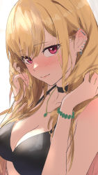 Rule 34 | 1girl, bead bracelet, beads, bikini, black bikini, black choker, blonde hair, blush, bracelet, breasts, choker, commentary request, ear piercing, guchico, hands in hair, highres, jewelry, kitagawa marin, large breasts, light smile, long hair, looking at viewer, necklace, piercing, red eyes, sketch, solo, sono bisque doll wa koi wo suru, swimsuit, upper body