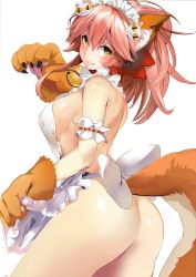 Rule 34 | 1girl, absurdres, animal ear fluff, animal ears, animal hands, apron, arm garter, ass, back, bare shoulders, bell, blush, bow, breasts, cat hair ornament, cat paws, claws, collar, fate/extra, fate/grand order, fate (series), fox ears, fox girl, fox tail, gloves, hair bow, hair ornament, highres, jingle bell, large breasts, licking lips, long hair, looking at viewer, maid headdress, marushin (denwa0214), naked apron, neck bell, paw gloves, paw shoes, pink hair, ponytail, red bow, shoes, sideboob, simple background, smile, solo, tail, tamamo (fate), tamamo cat (fate), tamamo cat (third ascension) (fate), thighs, tongue, tongue out, white background, yellow eyes