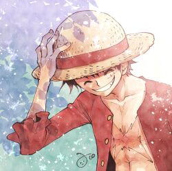 Rule 34 | 1boy, ^ ^, abs, aco peda, black hair, buttons, close-up, closed eyes, commentary, hand on headwear, hat, male focus, monkey d. luffy, one piece, open clothes, open shirt, red shirt, scar, scar on chest, scar on face, shirt, short hair, smile, solo, straw hat, upper body