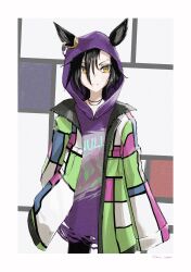Rule 34 | 1girl, absurdres, air shakur (umamusume), androgynous, animal ears, black hair, buttons, closed mouth, cowboy shot, ear chain, ear ornament, ears through hood, eyebrow piercing, hair between eyes, highres, hood, hood up, hoodie, horse ears, jacket, jewelry, leggings, long hair, long sleeves, looking at viewer, multicolored clothes, multicolored jacket, necklace, official alternate costume, olime sian, open clothes, open jacket, piercing, sleeves past fingers, sleeves past wrists, solo, umamusume, unbuttoned, unzipped, yellow eyes, zipper