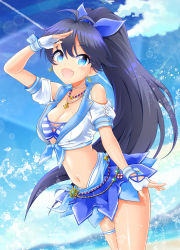 Rule 34 | 1girl, :d, anchor earrings, antenna hair, arm up, bare shoulders, beach, bikini, bikini top only, black hair, blue bikini, blue eyes, blue ribbon, blue skirt, blue sky, blush, breasts, choker, cleavage, clothing cutout, cloud, collarbone, commentary request, cowboy shot, crop top, day, earrings, eva 16-gouki, fang, fingerless gloves, ganaha hibiki, glint, gloves, hair between eyes, hair ribbon, highres, idolmaster, idolmaster (classic), idolmaster million live!, idolmaster million live! theater days, jewelry, layered skirt, lens flare, long hair, looking at viewer, medium breasts, midriff, navel, necklace, open mouth, outdoors, ponytail, ribbon, shirt, short sleeves, shoulder cutout, sidelocks, skindentation, skirt, sky, smile, solo, standing, striped bikini, striped clothes, swimsuit, thigh strap, tied shirt, water drop, white choker, white gloves, white shirt, wrist cuffs