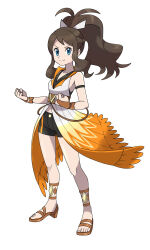 1girl antenna_hair armlet asatsuki_(fgfff) black_shorts blue_eyes brown_footwear brown_hair clenched_hands closed_mouth commentary_request creatures_(company) eyelashes full_body game_freak high_ponytail highres hilda_(pokemon) hilda_(sygna_suit)_(pokemon) jewelry knees long_hair nintendo official_alternate_costume pokemon pokemon_masters_ex sandals shorts sidelocks simple_background smile solo split_mouth standing toes v-neck white_background