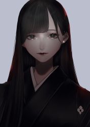 Rule 34 | 1girl, black eyes, black hair, black kimono, blue background, closed mouth, ear piercing, earrings, eyelashes, eyeshadow, funeral kimono, grey background, hair behind ear, hair strand, highres, japanese clothes, jewelry, kimono, light smile, lipgloss, lipstick, long hair, looking at viewer, makeup, mano aaa, original, pearl earrings, piercing, portrait, red lips, simple background, slit pupils, solo, straight-on, straight hair