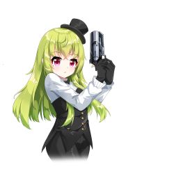 Rule 34 | 1girl, black gloves, black hat, black pants, black vest, blush, chihong de tianshi, copyright request, cropped legs, gloves, green hair, gun, hair between eyes, handgun, hat, highres, holding, holding gun, holding weapon, long hair, long sleeves, looking at viewer, mini hat, pants, parted lips, pistol, purple eyes, shirt, simple background, solo, tilted headwear, transparent background, two-handed, very long hair, vest, virtual youtuber, weapon, white background, white shirt