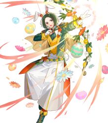 Rule 34 | 1boy, animal ears, arrow (projectile), attack, bow (weapon), drawing bow, egg, fake animal ears, fire emblem, fire emblem: three houses, fire emblem heroes, flower, gloves, green footwear, green hair, hair tie, highres, holding, holding bow (weapon), holding weapon, linhardt von hevring, linhardt von hevring (spring), long hair, male focus, nintendo, non-web source, open mouth, ponytail, rabbit ears, solo, weapon, white gloves