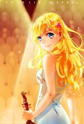 Rule 34 | 10s, 1girl, blonde hair, blue eyes, bow (music), copyright name, dated, diezi, flower, gradient background, hair flower, hair ornament, hairclip, highres, instrument, light particles, lights, long hair, looking at viewer, miyazono kawori, shigatsu wa kimi no uso, smile, solo, sweat, violin
