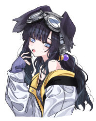 Rule 34 | 1girl, absurdres, animal ears, beads, black fur, black hair, blue archive, blue eyes, breasts, cleavage, commentary request, dog ears, dog girl, goggles, goggles on head, hair beads, hair ornament, hibiki (blue archive), highres, izuru@doto-lu, jacket, long hair, long sleeves, off shoulder, open mouth, simple background, sleeves past wrists, small breasts, solo, upper body, white background