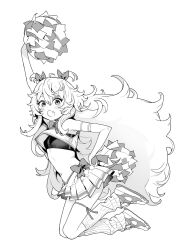 Rule 34 | :o, blush, bow, bowtie, breasts, cheerleader, crop top, fang, goddess of victory: nikke, greyscale, hair ribbon, highres, jumping, long hair, looking at viewer, mameojitan, monochrome, navel, official alternate costume, open mouth, poli (cheer up police) (nikke), poli (nikke), pom pom (cheerleading), ribbon, shoes, short twintails, sidelocks, skirt, small breasts, sneakers, socks, sports bra, thigh strap, twintails, very long hair, wavy hair