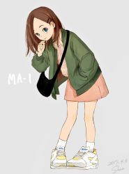 Rule 34 | 1girl, bag, blue eyes, blush, brown hair, candy, checkered clothes, checkered shirt, closed mouth, dated, eating, food, full body, green jacket, grey background, hair ornament, hairclip, hand in pocket, highres, jacket, leaning forward, lollipop, long sleeves, looking at viewer, medium hair, original, pink skirt, sako (35s 00), shirt, shoes, shoulder bag, signature, simple background, skirt, smile, sneakers, socks, solo, standing, white socks