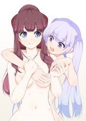 Rule 34 | 2girls, blue eyes, blush, breasts, brown hair, holding hands, large breasts, long hair, multiple girls, navel, new game!, nude, out-of-frame censoring, purple eyes, purple hair, smile, suzukaze aoba, takimoto hifumi, very long hair, yitsuse masami, yuri
