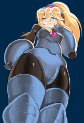 Rule 34 | 1girl, arm cannon, artist request, blonde hair, blue eyes, bodysuit, breasts, female focus, latex, long hair, rokko-chan, rokko-chan (character), simple background, solo, tears, weapon