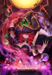 Rule 34 | 1girl, alternate costume, alternate hair color, arm up, bewitching morgana, book, breasts, cauldron, cleavage, diamond (shape), dress, drill hair, fangs, hat, highres, jewelry, kanmai x sou, league of legends, lipstick, long hair, makeup, morgana (league of legends), mouse (animal), nail polish, open book, pink eyes, pink hair, potion, pouring, puffy short sleeves, puffy sleeves, purple eyes, ring, short sleeves, skull, smile, solo, teeth, vial, witch, witch hat
