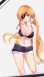 Rule 34 | 1girl, artist request, blonde hair, blush, denim, denim shorts, eyepatch, green eyes, green one-piece swimsuit, long hair, midriff, navel, one-piece swimsuit, othinus, shorts, simple background, solo, swimsuit, swimsuit under clothes, toaru majutsu no index, very long hair