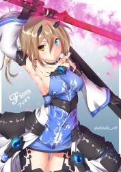 Rule 34 | 1girl, arm up, armpits, black gloves, blue eyes, blush, breasts, brown eyes, choker, collarbone, dandou, detached sleeves, dress, gloves, heterochromia, highres, holding, holding sword, holding weapon, horns, original, oval load (pso2), phantasy star, phantasy star online 2, ponytail, solo, sword, tattoo, thigh gap, twitter username, weapon
