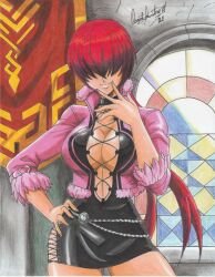 Rule 34 | 1girl, 2021, black dress, breasts, choker, cleavage, dress, hair over eyes, hand on own hip, highres, indoors, jacket, large breasts, long hair, open clothes, pink jacket, ponytail, ravernclouk design, red hair, shermie (kof), short dress, smile, snk, solo, the king of fighters, the king of fighters xv, traditional media, window
