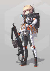 Rule 34 | 1girl, absurdres, ahoge, backpack, bag, blonde hair, boots, chinese commentary, commentary request, gloves, gun, headphones, highres, knee pads, light machine gun, load bearing equipment, orange eyes, original, sherman (egnk2525), simple background, solo, weapon