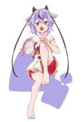 Rule 34 | 1other, barefoot, blue hair, bracelet, collar, ekaki-ya okamoto, expressionless, food, food in mouth, fruit, full body, gradient hair, gynoid talk, hakama, hakama pants, hakama shorts, hands on own knee, highres, horns, japanese clothes, jewelry, knee up, looking at viewer, meika mikoto, mouth hold, multicolored hair, open mouth, own hands together, pants, pink eyes, red shorts, sailor collar, shirt, short eyebrows, short hair, short shorts, shorts, sitting, sleeveless, sleeveless shirt, solo, thick eyebrows, umeboshi, vocaloid, white background, white collar, white shirt