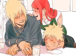 Rule 34 | 1girl, 2boys, blonde hair, cup, drinking glass, closed eyes, facial mark, family, father and son, grin, happy, husband and wife, laughing, long hair, long sleeves, mother and son, multiple boys, namikaze minato, naruto, naruto (series), red hair, short hair, smile, uzumaki kushina, uzumaki naruto, whisker markings, zifletts