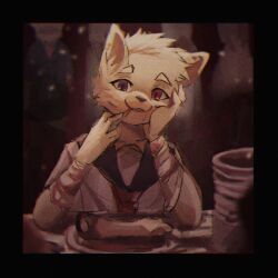 Rule 34 | 1boy, bandaged arm, bandages, blue eyes, bone, eating, facial mark, furry, furry male, hand on own cheek, hand on own face, highres, implied cannibalism, itooku, looking at viewer, multicolored eyes, original, plate, red eyes, red scarf, scarf, school uniform, white fur, wolf boy