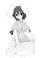 Rule 34 | 1girl, carrot, dress, female focus, greyscale, inaba tewi, itose ikuto, monochrome, simple background, solo, touhou, white background