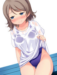 Rule 34 | 10s, 1girl, bad id, bad pixiv id, bench, blue eyes, blue one-piece swimsuit, blush, brown hair, competition swimsuit, gluteal fold, highleg, highleg swimsuit, highres, love live!, love live! sunshine!!, one-piece swimsuit, robin16, see-through, shirt, short hair, sitting, solo, swimsuit, swimsuit under clothes, t-shirt, translated, watanabe you, wet, wet clothes, wet shirt, white shirt