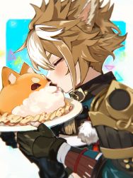 Rule 34 | 1boy, animal ears, aqua background, armor, blush, closed eyes, commentary request, dog boy, dog ears, from side, genshin impact, gorou (genshin impact), highres, hitohitori, holding, holding plate, japanese armor, kiss, kissing nose, male focus, multicolored hair, orange hair, plate, short hair, solo, streaked hair, tassel, upper body, white background, white hair