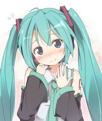 Rule 34 | 1girl, aqua hair, bad id, bad nicoseiga id, blue eyes, blush, detached sleeves, hat, hatsune miku, headset, ixy, long hair, looking at viewer, smile, solo, twintails, upper body, vocaloid