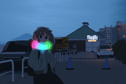 Rule 34 | 1girl, backpack, bag, black eyes, black hair, bright pupils, building, bus, bush, car, closed mouth, expressionless, fog, glowing, hands in pockets, highres, jacket, long skirt, motor vehicle, nonentityyouth, open clothes, open jacket, original, outdoors, overcast, restaurant, rgb lights, scarf, scenery, school bus, sign, skirt, sky, solo, sweater, white pupils