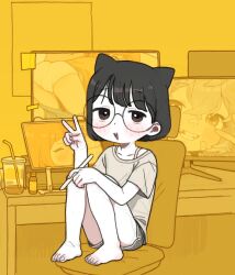 Rule 34 | 1girl, animal ears, bare legs, barefoot, black hair, black shorts, blush, brown eyes, chair, child, cup, dolphin shorts, drawing tablet, feet, female focus, full body, glasses, hand on own knee, highres, holding, holding stylus, knees up, looking at viewer, monitor, office chair, opossumachine, original, parted lips, round eyewear, short hair, short shorts, short sleeves, shorts, sitting, smile, solo, stylus, swivel chair, teeth, toes, upper teeth only, v
