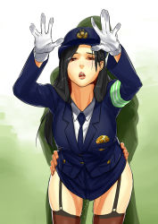 Rule 34 | 1girl, badge, bent over, black hair, blue skirt, breasts, brown eyes, clothed sex, clothes lift, delta zone, garter straps, gloves, hat, highres, large breasts, leaning forward, legs, long hair, looking at viewer, necktie, original, parted lips, police, police uniform, policewoman, sex, simple background, skirt, skirt lift, solo focus, standing, sweatdrop, thighhighs, thighs, torso grab, uniform, vaginal, white gloves