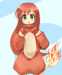 Rule 34 | 1girl, blush, charmander, charmander (cosplay), cosplay, creatures (company), fire, flame-tipped tail, game freak, gen 1 pokemon, green eyes, long hair, nintendo, open mouth, personification, pokemon, red hair, solo, toba hiyoko