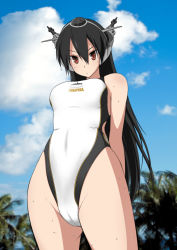 10s 1girl arms_behind_back black_hair blush cameltoe female_focus highleg highleg_one-piece_swimsuit highres kantai_collection long_hair nagato_(kancolle) onaya_masakazu one-piece_swimsuit red_eyes solo swimsuit