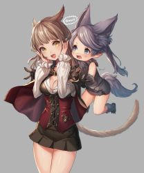 Rule 34 | &gt;:d, 2girls, :d, animal ears, black skirt, blouse, blue eyes, breasts, brown hair, corset, fang, final fantasy, final fantasy xiv, floating, gao, grey background, grey hair, hands up, highres, lalafell, long hair, long sleeves, medium breasts, miniskirt, miqo&#039;te, multiple girls, open mouth, romaji text, shirt, simple background, skirt, smile, swept bangs, tail, tareme, teeth, twintails, v-shaped eyebrows, white shirt, yellow eyes, yu-ri (arium047)