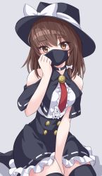 Rule 34 | 1girl, adapted costume, bare shoulders, black capelet, black choker, black hat, black skirt, black thighhighs, bow, brown eyes, brown hair, capelet, choker, clothing cutout, commentary request, fedora, grey background, hair bow, hat, hat bow, head tilt, high-waist skirt, looking at viewer, mask, md5 mismatch, miniskirt, necktie, partial commentary, petticoat, ramie (ramie541), red necktie, resolution mismatch, revision, seiza, shirt, short hair, shoulder cutout, simple background, sitting, skirt, solo, source larger, thighhighs, touhou, usami renko, white bow, white shirt, zettai ryouiki
