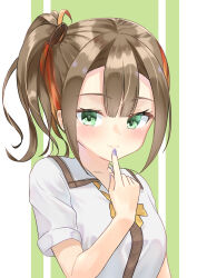 Rule 34 | 1girl, absurdres, blunt bangs, blush, bow, brown hair, center-flap bangs, closed mouth, collared shirt, colored eyelashes, commentary, eyelashes, finger to mouth, green background, green eyes, gyaru, hair between eyes, hand up, highres, index finger raised, lips, long hair, looking at viewer, misori mania, multicolored hair, nail polish, orange hair, purple nails, school uniform, shiraishi chika, shirt, short sleeves, side ponytail, simple background, smile, solo, split mouth, tenshi souzou re-boot!, tsurime, two-tone background, two-tone hair, upper body, white background, white shirt, yellow bow