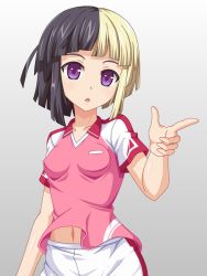 Rule 34 | 1girl, bad id, bad pixiv id, black hair, blonde hair, breasts, chestnut mouth, collarbone, f 1chan, impossible clothes, impossible shirt, multicolored hair, navel, open mouth, pointing, purple eyes, shirt, small breasts, soccer uniform, solo, sportswear, tajima shiina, two-tone hair, upper body, venus eleven vivid!