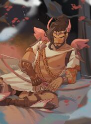 Rule 34 | 1boy, abs, absurdres, akairosu, ancient greek clothes, arrow (projectile), asian, bara, bare pectorals, beard, blush, boots, bow (weapon), brown hair, cupid, cupid hanzo, dark-skinned male, dark skin, facial hair, feet out of frame, flower tattoo, frown, greco-roman clothes, hanzo (overwatch), highres, holding, holding bow (weapon), holding weapon, large pectorals, magical boy, male focus, manspreading, mature male, muscular, muscular male, nipples, official alternate costume, overwatch, pectorals, pink wings, rope, short hair, sitting, solo, tattoo, thick eyebrows, tree, valentine, weapon, wings