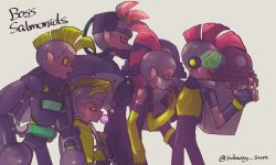 Rule 34 | 5boys, blonde hair, blowing bubbles, bulging eyes, chewing gum, colored sclera, colored skin, drizzler (splatoon), fingerless gloves, flyfish (splatoon), gloves, jetpack, male focus, mask, mohawk, mouth mask, multiple boys, nintendo, personification, pink eyes, pink skin, pointy ears, profile, red hair, salmonid, scrapper (splatoon), smallfry (splatoon), splatoon (series), splatoon 2, steel eel (splatoon), steelhead (splatoon), surgical mask, tongue, tongue out, umbrella, vest, visor, yellow gloves, yellow sclera