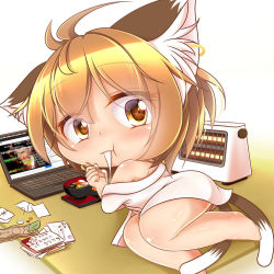 Rule 34 | 1girl, :t, animal ears, blush, brown eyes, brown hair, chen, chibi, child, closed mouth, computer, earrings, feet, female focus, food, heater, jewelry, kurumai, leaf, looking at viewer, looking back, lying, matching hair/eyes, money, multiple tails, shiny skin, simple background, solo, tail, touhou, white background