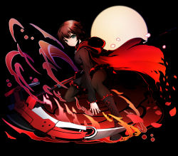 Rule 34 | 1girl, fire, lancefate, moon, petals, rose petals, ruby rose, rwby, scythe, solo