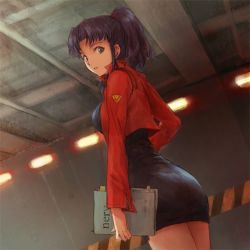 Rule 34 | 1girl, artist request, ass, brown eyes, collar, cowboy shot, dutch angle, folder, from behind, holding, indoors, jacket, katsuragi misato, leather, long sleeves, looking at viewer, looking back, neon genesis evangelion, open mouth, pencil skirt, ponytail, popped collar, purple hair, rebuild of evangelion, scrunchie, skirt, solo, standing, zipper