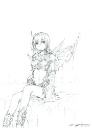 Rule 34 | 1girl, absurdres, angel, angel wings, bare shoulders, clothing cutout, dated, dripping, fairy, fairy wings, greyscale, hair between eyes, highres, long hair, monochrome, navel, navel cutout, open hands, original, parted lips, signature, sitting, sketch, solo, torn, torn wings, water, waterfall, wet, wings, zeniyan